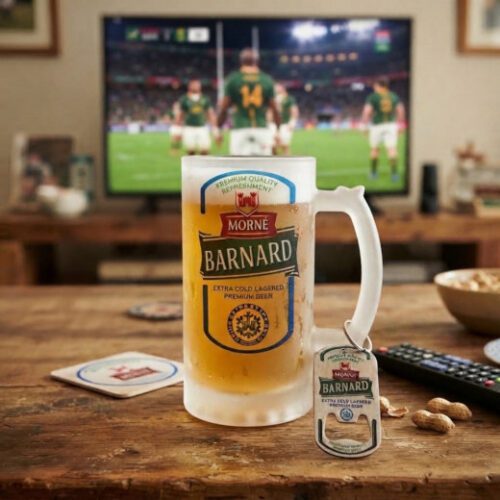 Personalised Glass Beer Mug and Matching Bottle Opener Key Ring Set