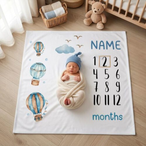 Personalised Baby Boy Milestone Blanket – Hot Air Balloons