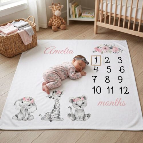 Personalised Baby Girl Milestone Blanket – Cute Safari Animals