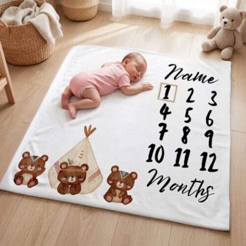 Personalised Baby Milestone Blanket – Cute Woodlands Bear