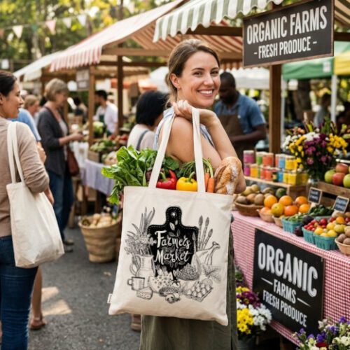 Farmers Market Shopper Cotton Tote Bag