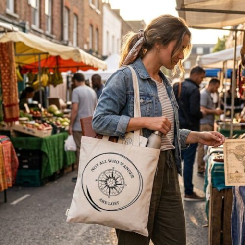 "Not All Who Wander" Printed Cotton Tote Bag for Everyday Travel
