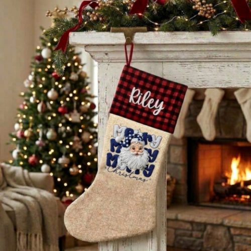 Personalised Blue Santa Christmas Stocking